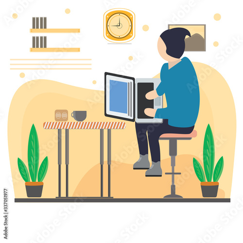 Young man working at home vector concept illustration. Man character working from home with laptop sitting in chair and access information. Vector flat design illustration. Square layout
