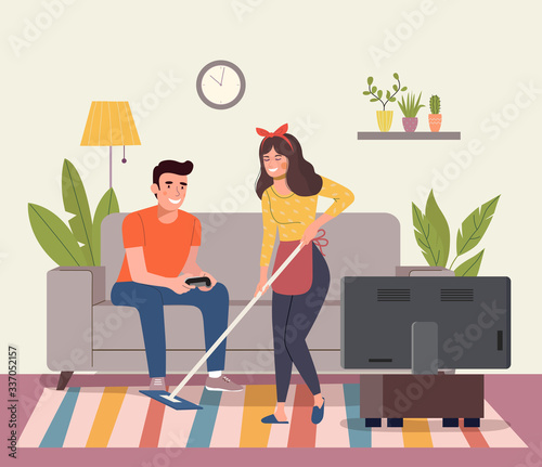 Man  playing videogame  on sofa, Young woman with mop in the living room. Vector flat style illustration