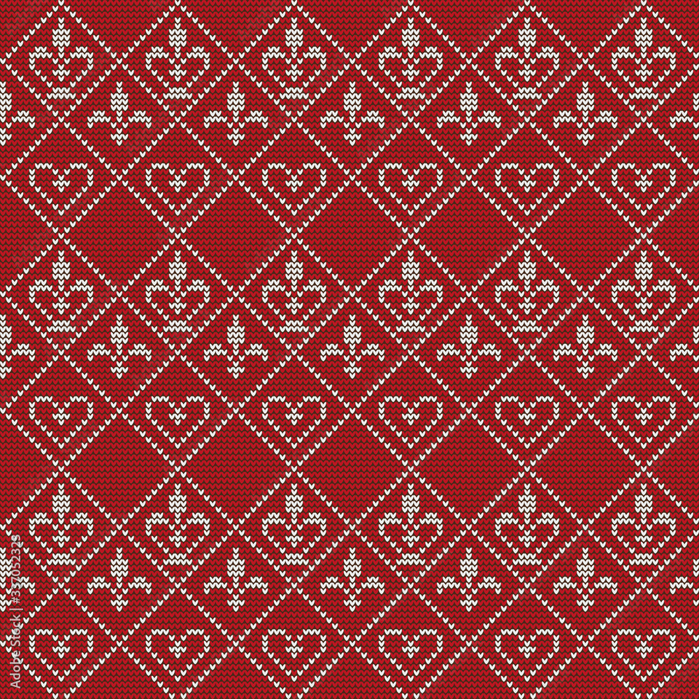 Knitting background with crowns, royal lilies, hearts. White pattern on a red background. Vector pattern Knitting background with crowns, royal lilies, hearts. White pattern on a red background. Vector pattern