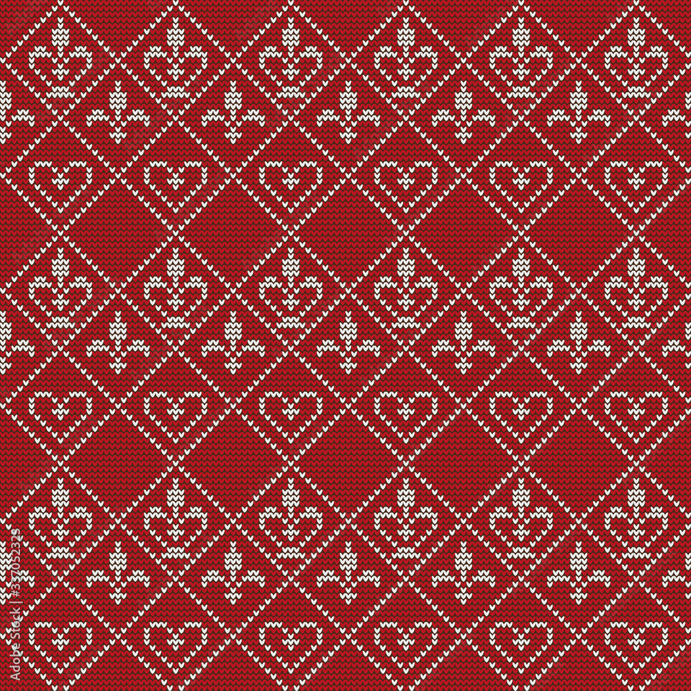 Knitting background with crowns, royal lilies, hearts. White pattern on a red background. Vector pattern