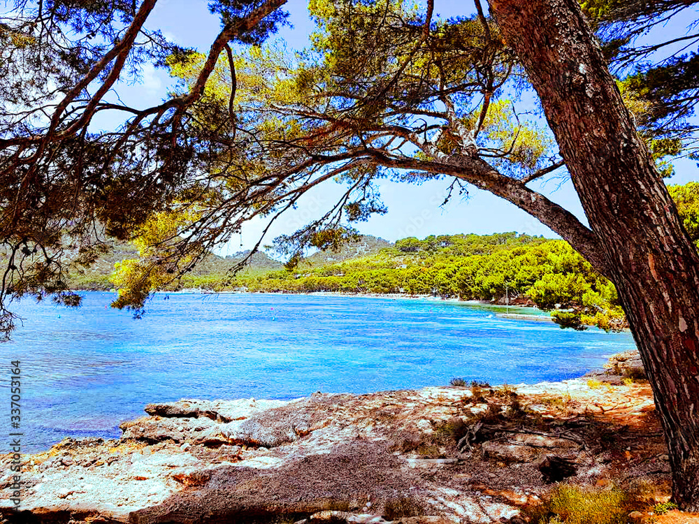 Island landscape, seascape of Mallorca Spain, idyllic coastline of Cala Rajada, Mediterranean Sea.