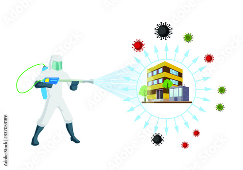 Sanitizing & Disinfectant an office for covid-19 virus corona virus and insects. Human corrector of doing pest control at offices and home.  Sanitize office and home vector illustration.