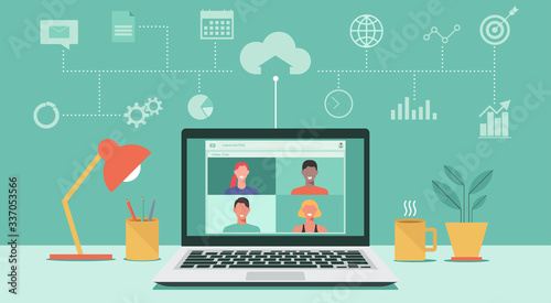 people connecting together, learning or meeting online with teleconference, video conference remote working, work from home, work from anywhere, new normal concept, vector flat illustration