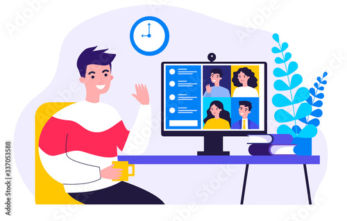 Worker using computer for collective virtual meeting and group video conference. Man at desktop chatting with friends online. Vector illustration for videoconference, remote work, technology concept