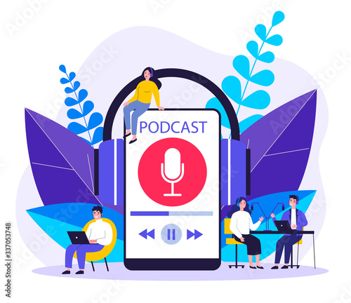 People listening speakers from broadcasting station flat vector illustration. Man and woman listening podcast online Anchorperson sitting and talking to microphone. Radio and technology concept