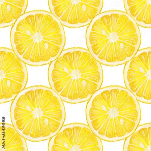 yellow lemon round slice - seamless print on a white background. Raster square seamless pattern with lemon slice hand-drawn with gouache paints in realistic style.