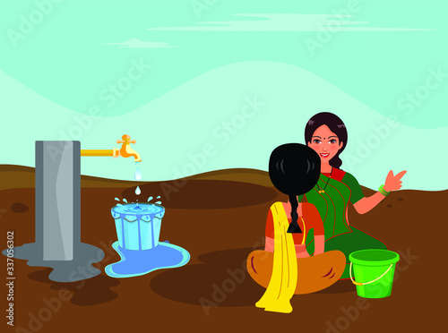 wastage of water in village for lack of awareness. wastage of water by human.water waste social concept for saving water in earth.Two women discussed each other and forget about pouring into bucket.