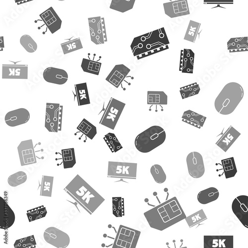 Set RAM, random access memory, Sim card, Computer mouse and Monitor display with 5k video on seamless pattern. Vector