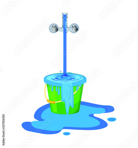 Wastage of water theme. Wastage of water from running tap as bucket is overflow with the water. Wastage of water drop from overflowing bucket and spreading on the floor.