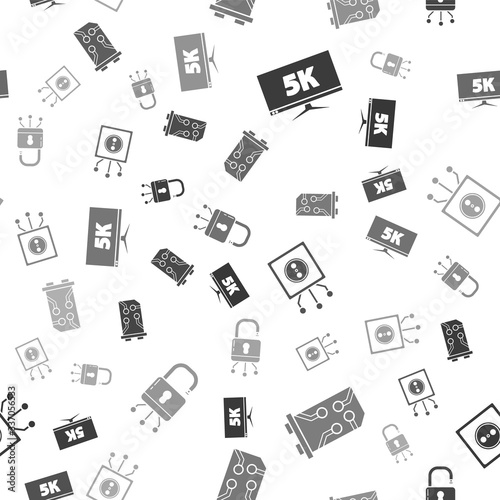 Set Monitor display with 5k video, Video graphic card, Remote control and Lock on digital circuit board on seamless pattern. Vector