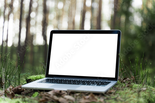 Wallpaper Mural Laptop outside concept. Empty copy space, blank screen mockup. Soft focus laptop in nature background. Ecology travel and work outside office concept. Torontodigital.ca
