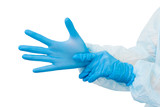Blue medical gloves on hands isolated on white