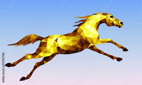 galloping golden horse against the morning sky, isolated image in the style of low-poly