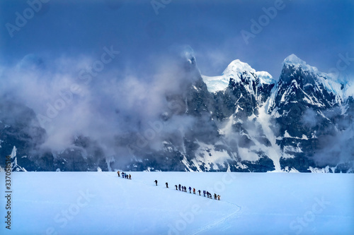 Showshoers Hikers Snow Mountains Damoy Point Antarctica