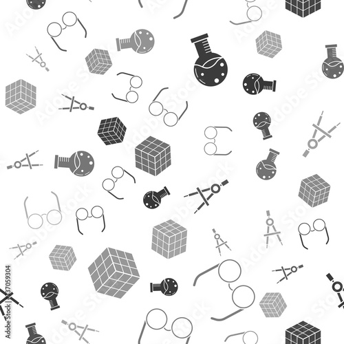 Set Test tube and flask chemical laboratory, Glasses, Drawing compass and Rubik cube on seamless pattern. Vector