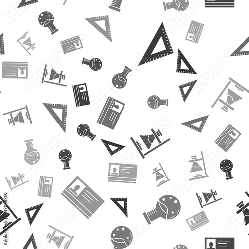 Set Triangular ruler, Test tube and flask chemical laboratory, Glass test tube flask on fire and Identification badge on seamless pattern. Vector