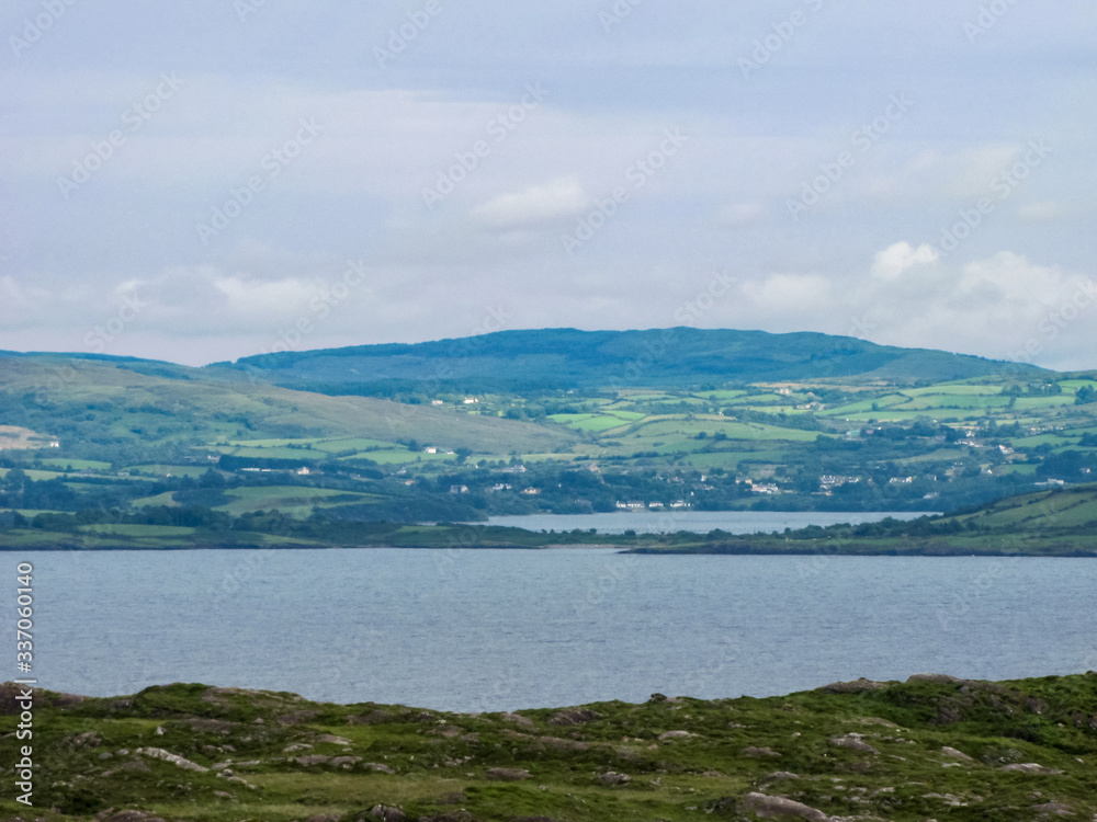 Hazy Irish Landscape, Bantry Bay with Fields and Hills