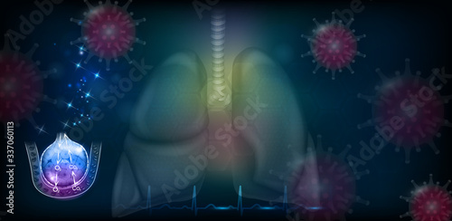 Respiratory tract lungs and alveoli air exchange process, abstract coronavirus around the background.