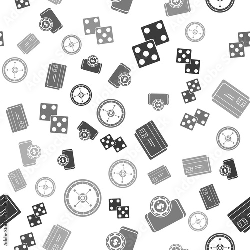Set Game dice, Online poker table game, Credit card and Casino roulette wheel on seamless pattern. Vector