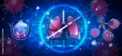 Respiratory tract lungs protection from viruses, such as Coronavirus disease and treatment concept on an abstract blue background, normal cardiogram at the bottom.