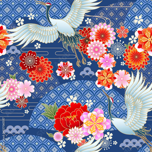 Seamless spring japanese pattern with classic floral motif,fans and cranes