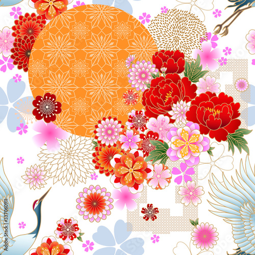 Seamless spring japanese pattern with classic floral motif and cranes