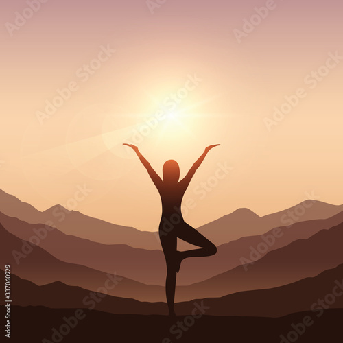 girl makes yoga on mountain landscape vector illustration EPS10 © krissikunterbunt