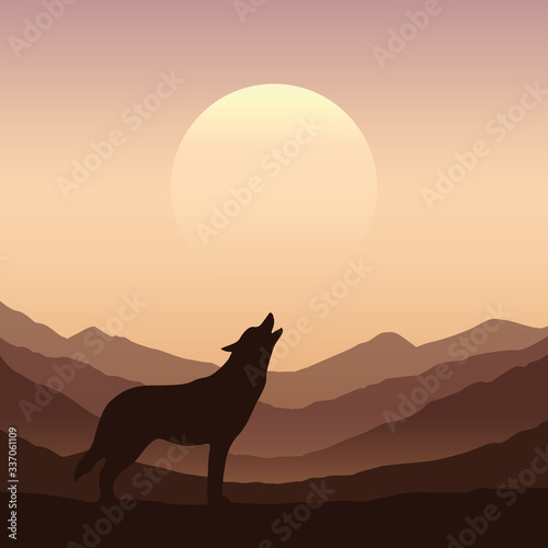wolf howls at full moon brown mountain nature landscape vector illustration EPS10
