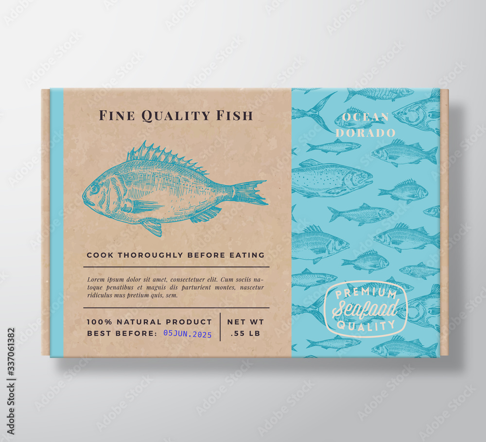 Fish Pattern Realistic Cardboard Container. Abstract Vector Seafood Packaging Design or Label. Modern Typography, Hand Drawn Dorado Silhouette. Craft Paper Box Pattern Background Layout.