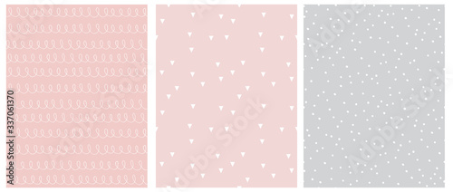 Abstract Hand Drawn Childish Style Seamless Vector Patterns. White Lines with Loops, Tiny Triangles and Little Polka Dots Isolated on a Various Pink and Light Gray Backgrounds.Simple Geometric Print.