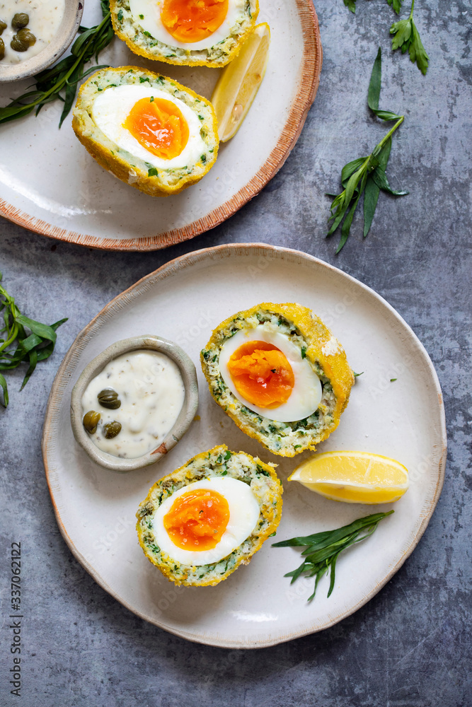 Scotch eggs wrapped with smoked haddock and cod Scotch eggs wrapped with smoked haddock and cod