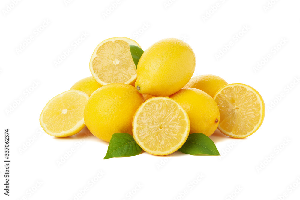 Fresh lemons isolated on white background. Ripe fruit