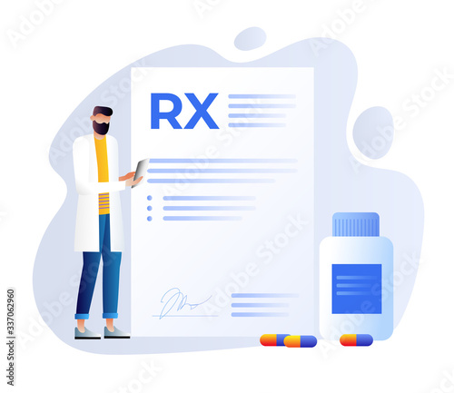 RX prescription. Pharmacist illustration, painkiller medication prescription.