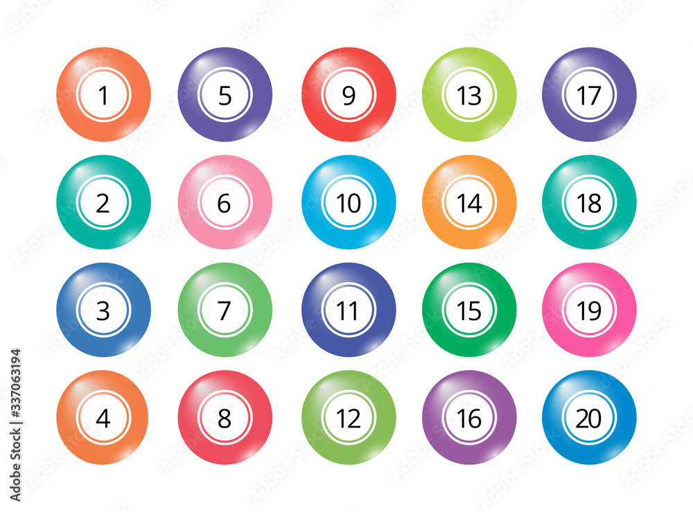 Big collection of realistic isolated bingo and lottery balls with numbers  (1-20). Multicolored objects for banners, cards, posters, tickets. Vector  illustration Stock Vector | Adobe Stock