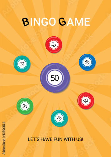 Multicolored bingo game poster with lotto balls on the orange glowing background. Usable for flyers, banners, social media, advertising. Scaled A4 vector illustration