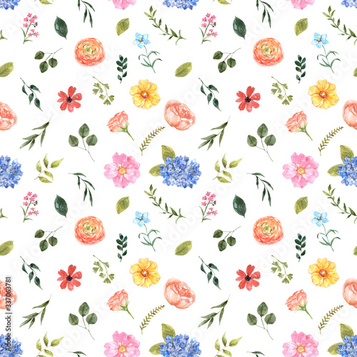 Wallpaper Mural Watercolor summer field flowers and green leaves seamless pattern. Cute botanical print, blooming meadow illustration with small wildflowers, herbs, leaf on white background. Torontodigital.ca