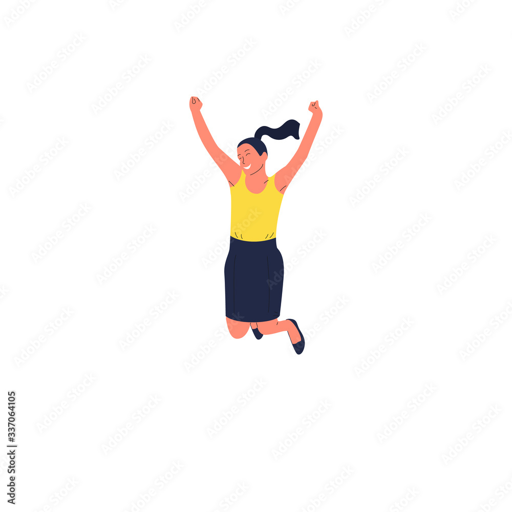 Cheerful caucasian girl is jumping in joy. Isolated on white background. Flat style vector illustration.