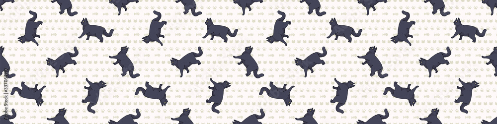 Cute cartoon British shorthair cat seamless border pattern. Pedigree kitty breed domestic kitty background. Cat lover English purebred washi ribbon. Feline EPS 10 trim.  - obrazy, fototapety, plakaty 