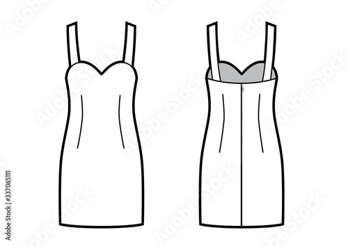 Mini tight dress with panel lines, back zip clasp. Close-fitting dress.