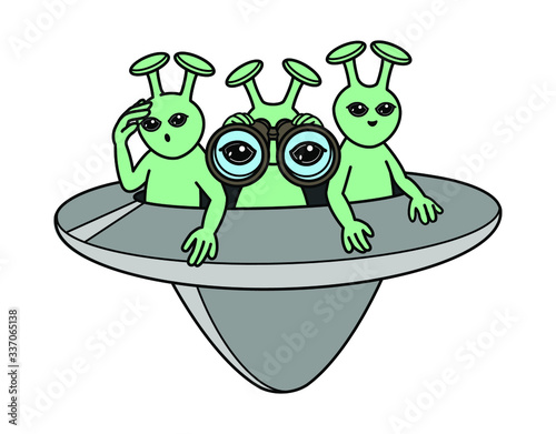 Green men on a flying saucer looking through binoculars. Vector illustration isolated on white background.