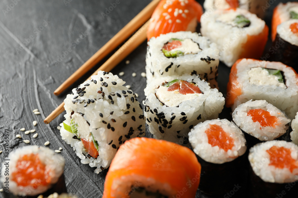 Delicious sushi rolls, close up. Japanese food Delicious sushi rolls, close up. Japanese food