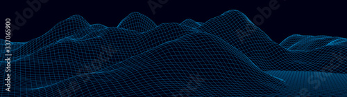 Vector wireframe 3d landscape. Technology grid illustration. Network of connected dots and lines. Futuristic background.