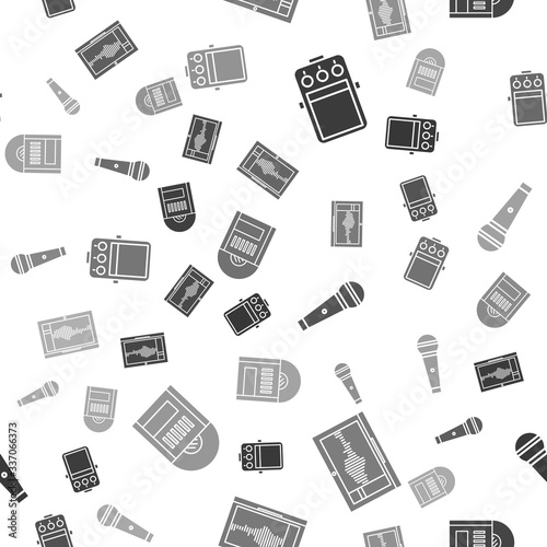 Set Guitar pedal, Sound or audio recorder on laptop, Microphone and Vinyl disk on seamless pattern. Vector