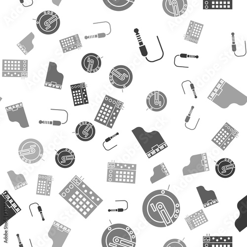 Set Audio jack, Music CD player, Grand piano and Drum machine on seamless pattern. Vector