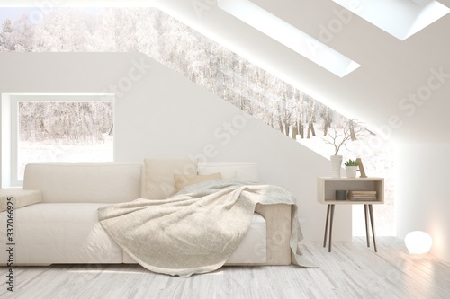 White living room with sofa and winter landscape in window. Scandinavian interior design. 3D illustration