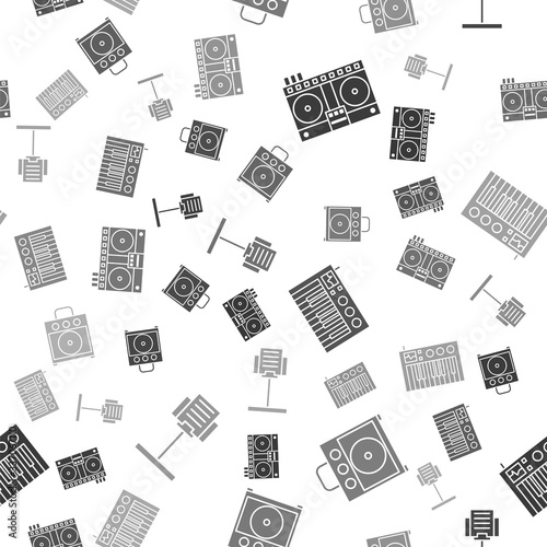 Set DJ remote for playing and mixing music, Guitar amplifier, Music synthesizer and Music stand on seamless pattern. Vector