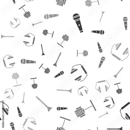 Set Microphone, Music stand, Headphones and Clarinet on seamless pattern. Vector