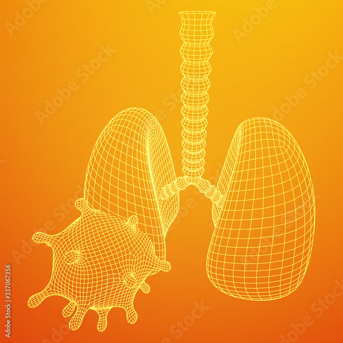 Corona Virus and Lungs with trachea bronchi internal organ human. Covid virus pulmonology medicine science concept. Wireframe low poly mesh vector illustration.