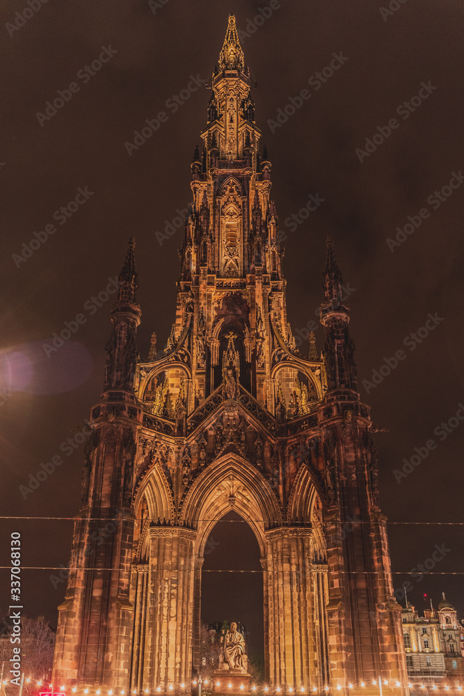 Scott Monument at night, Edinburgh, Scotland, UK