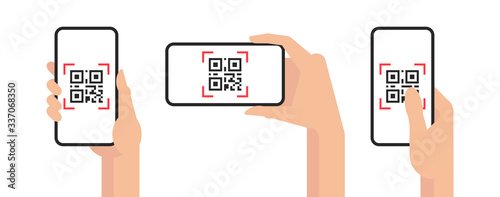 QR code mobile phone scan on screen. in hand on white background. Flat Style